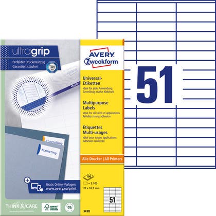 Multifunktionsetiketter Avery med Ultragrip